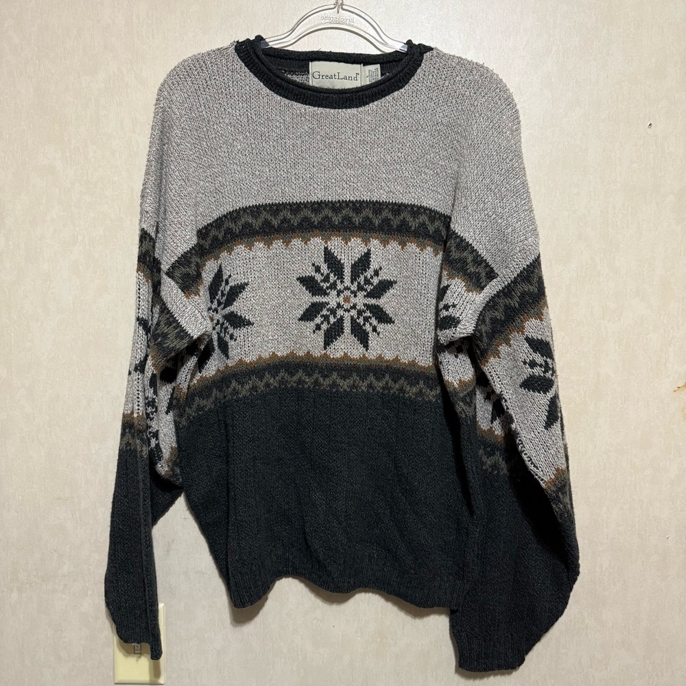 Vintage Great Land Mens Large Beige Green Snowflake Fair Isle Grandpa Sweater